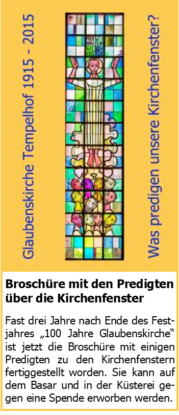 Broschüre mit Buntglasfenster, „Glaubenskirche Tempelhof 1915-2015“.